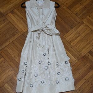 Oscar de la Renta Cream Midi Dress with Floral Details
